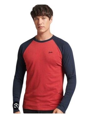 Superdry Mens Red Organic Cotton Essential Long Sleeve Baseball Top XXL